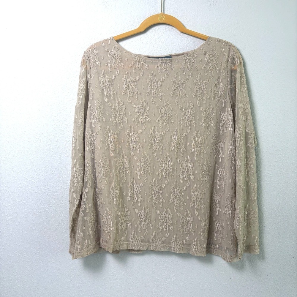 Jessica Holbrook Lace Top Size L Tan Beige Long Sleeve Lined Y2K Romantic Boho